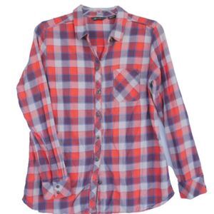 Eddie Bauer Womens M Shirt Plaid Button Up Long Sleeve Red Purple READ DESCRIP